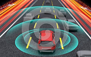 Smart car, Autopilot, self-driving mode vehicle with Radar signal system, 3D Rendering illustration