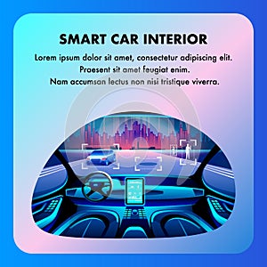 Smart Car Cockpit Interior. Vector Flat Cartoon