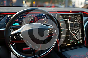 Smart car concept. Empty cockpit in vehicle and Self-Driving mode car dashboard