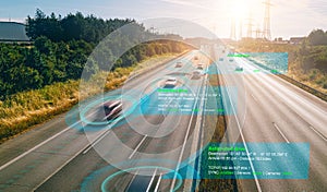 Autonomous self-driving mode vehicle on highway road iot concept with graphic sensor radar signal system photo