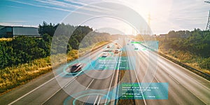Autonomous self-driving mode vehicle on highway road iot concept with graphic sensor radar signal system photo