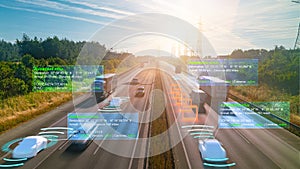 Autonomous self-driving mode vehicle on highway road iot concept with graphic sensor radar signal system