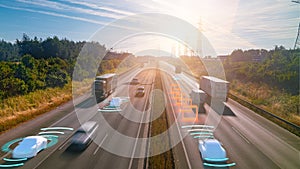 Autonomous self-driving mode vehicle on highway road iot concept with graphic sensor radar signal system photo