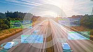 Autonomous self-driving mode vehicle on highway road iot concept with graphic sensor radar signal system photo