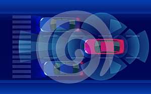 Smart car HUD, autonomous self-driving mode vehicle on metro city road iot concept with graphic sensor radar signal