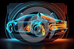 Smart car isometric hologram, in HUD style. Electric auto. Hologram car in low poly style, wireframe in line in the form of a