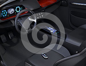 Smart car key on electric car`s passenger seat