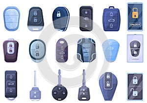 Smart car key icons set, cartoon style