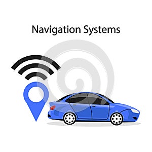 Smart car with navigation system, gps technology. Driverless vehicle isolated on background. Vector flat design