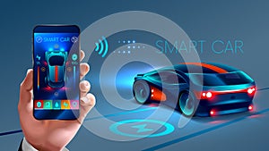 Smart car system. smartphone application to control the smart car by internet. Security system smart car. Phone in hand.