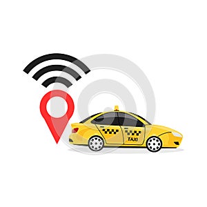 Smart car, taxi with navigation system, gps technology. Driverless vehicle isolated on background. Vector flat design