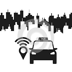 Smart car, taxi with navigation system, gps technology. Driverless vehicle isolated on background. Vector flat design