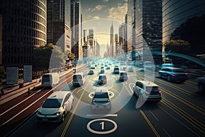 Smart cars with automatic sensor driving on metropolis with wireless connection. Generative AI