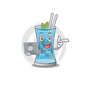 Smart cartoon character of blue hawai cocktail studying at home with a laptop