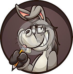 Smart cartoon donkey holding a pencil and wearing glasses