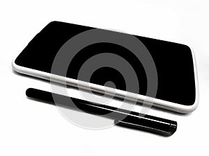 Smart cell mobile phone and stylus pen isolated on white background