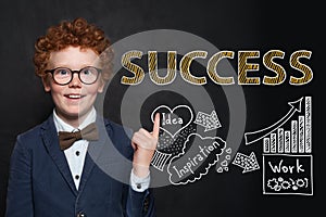 Smart child boy with hand drawing sketch and success text. Business idea and success concept
