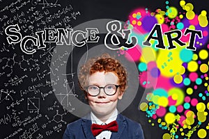 Smart child boy in suit and glasses on science and arts occupations pattern background
