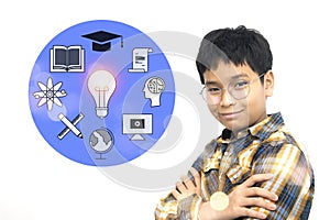 Smart child and light bulb, brainstorming, graduation hat and idea concept of education. thinking of future career or graduation