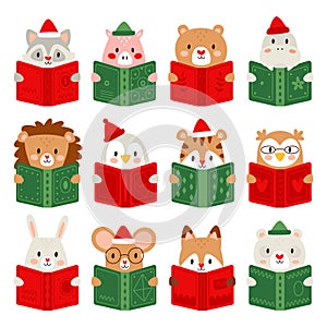 Smart Christmas animals cartoon characters reading library books isolated set vector illustration
