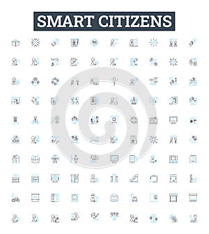 Smart citizens vector line icons set. Smart, Citizens, Intelligent, Knowledgeable, Literate, Skilled, Educated photo