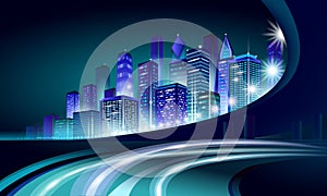 Smart city 3D neon glowing cityscape. Intelligent building automation night futuristic business concept. Web online