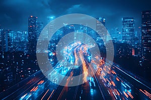 A smart city with autonomous vehicles and advanced technology driven by artificial intelligence, vibrant nightlife, neon style photo
