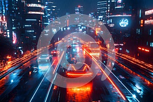 A smart city with autonomous vehicles and advanced technology driven by artificial intelligence, vibrant nightlife, neon style photo