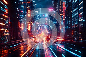 A smart city with autonomous vehicles and advanced technology driven by artificial intelligence, vibrant nightlife, neon style photo