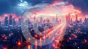 Smart city, big data connection technology. Concept of 5G, IOT, wireless digital connection, internet of things