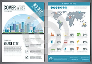 Smart city brochure with infographic elements. Template of magazine, poster, book cover, banner, flyer. Big city life