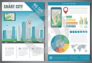 Smart city brochure with infographic elements. Template of magazine, poster, book cover, banner, flyer. City navigation
