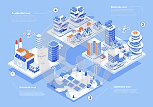 Smart city concept 3d isometric web people scene with infographic. Urban infrastructure with industrial, electricity, business and