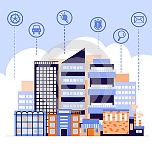 Smart City concept with business signs of mobile apps flat vector illustration.