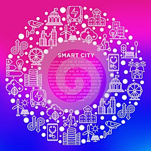 Smart city concept in circle with thin line icons: green energy, intelligent urbanism, efficient mobility, electric transport,
