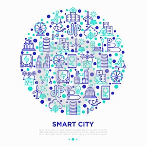 Smart city concept in circle with thin line icons: green energy, intelligent urbanism, efficient mobility, zero emission, electric