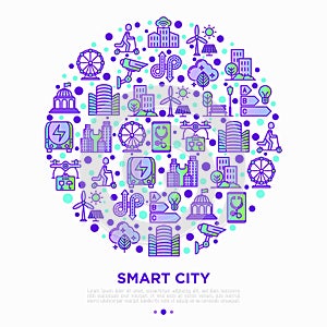 Smart city concept in circle with thin line icons: green energy, intelligent urbanism, efficient mobility, zero emission, electric