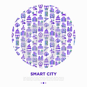 Smart city concept in circle with thin line icons: green energy, intelligent urbanism, efficient mobility, zero emission, electric