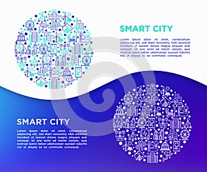 Smart city concept in circle with thin line icons: intelligent urbanism, efficient mobility, zero emission, electric transport,