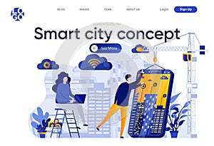 Smart city concept flat landing page. Developers team creating mobile app for smart house vector illustration. Internet of things