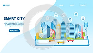 Smart city concept. Futuristic city on smartphone screen. Urban cityscape. Infrastructure of the future. Mobile