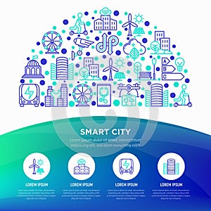 Smart city concept in half circle with thin line icons: green energy, intelligent urbanism, efficient mobility, zero emission,
