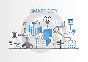 Smart city concept with hand holding modern bezel free smart phone