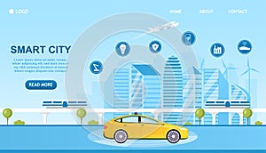Smart City Concept with icons. An unmanned car on the road goes through a futuristic city. Internet of Things. Automated