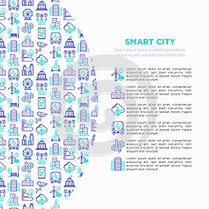 Smart city concept with  thin line icons: green energy, intelligent urbanism, efficient mobility, zero emission, electric