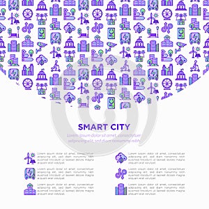 Smart city concept with  thin line icons: green energy, intelligent urbanism, efficient mobility, zero emission, electric