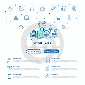 Smart city concept: urbanist develops city project. Thin line icons: green energy, efficient mobility, balanced traffic, electric