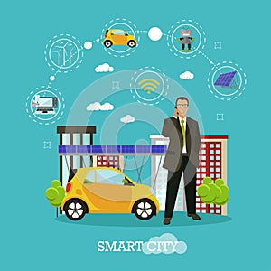 Smart city concept vector illustration in flat style. Businessman talks by smartphone. Internet of things and new