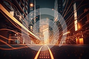 The smart city concept where abstract dot points connect with gradient lines and intricate wave designs, symbolizing the