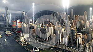 Smart city, connectivity and skyline with futuristic network, communication or contact with cloud computing. Future